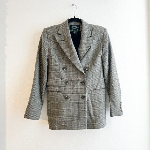 Lauren Ralph Lauren Worsted Wool Glen Plaid Double- Breasted Blazer Petite 2P - Picture 4 of 6